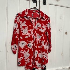 Red Button Down Blouse with Floral Print Semi-Sheer